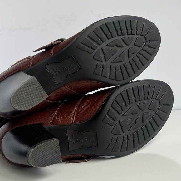 BOC BORN Chocolate Brown Leather Boho Buckle Pull On Mid Calf Block Heel Boots - Picture 12 of 14